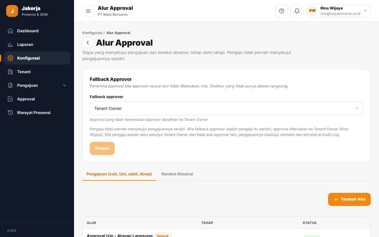 Halaman Alur Approval berisi pengaturan penyetuju cadangan dan daftar alur approval