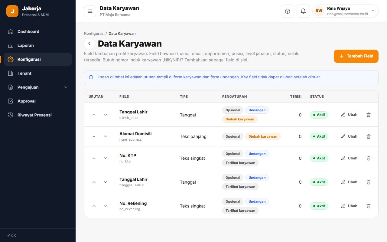 Halaman Data Karyawan berisi field tambahan No. KTP, Tanggal Lahir, dan No. Rekening