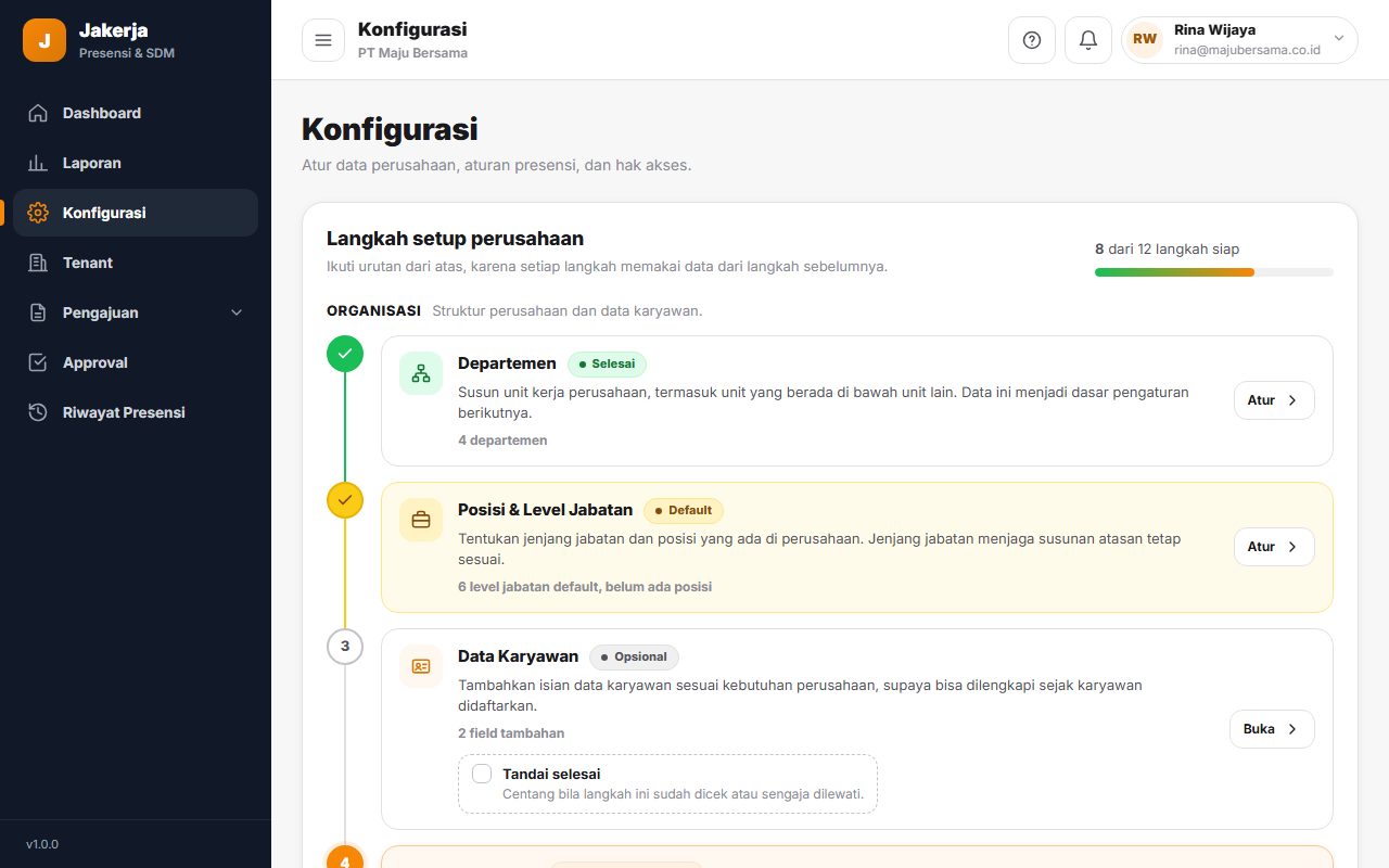 Halaman Konfigurasi berisi Langkah setup perusahaan dengan status tiap langkah dan progres 8 dari 12 langkah siap