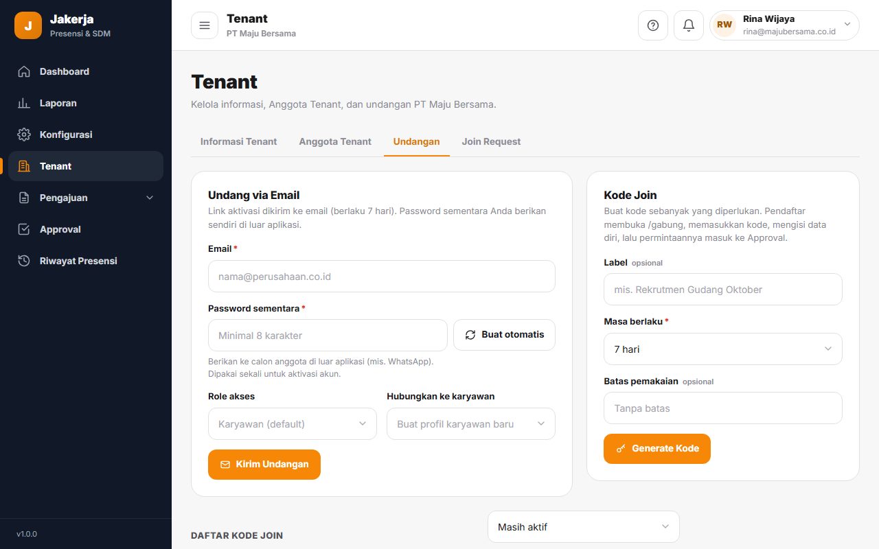 Halaman Tenant tab Undangan berisi form Undang via Email dan Kode Join