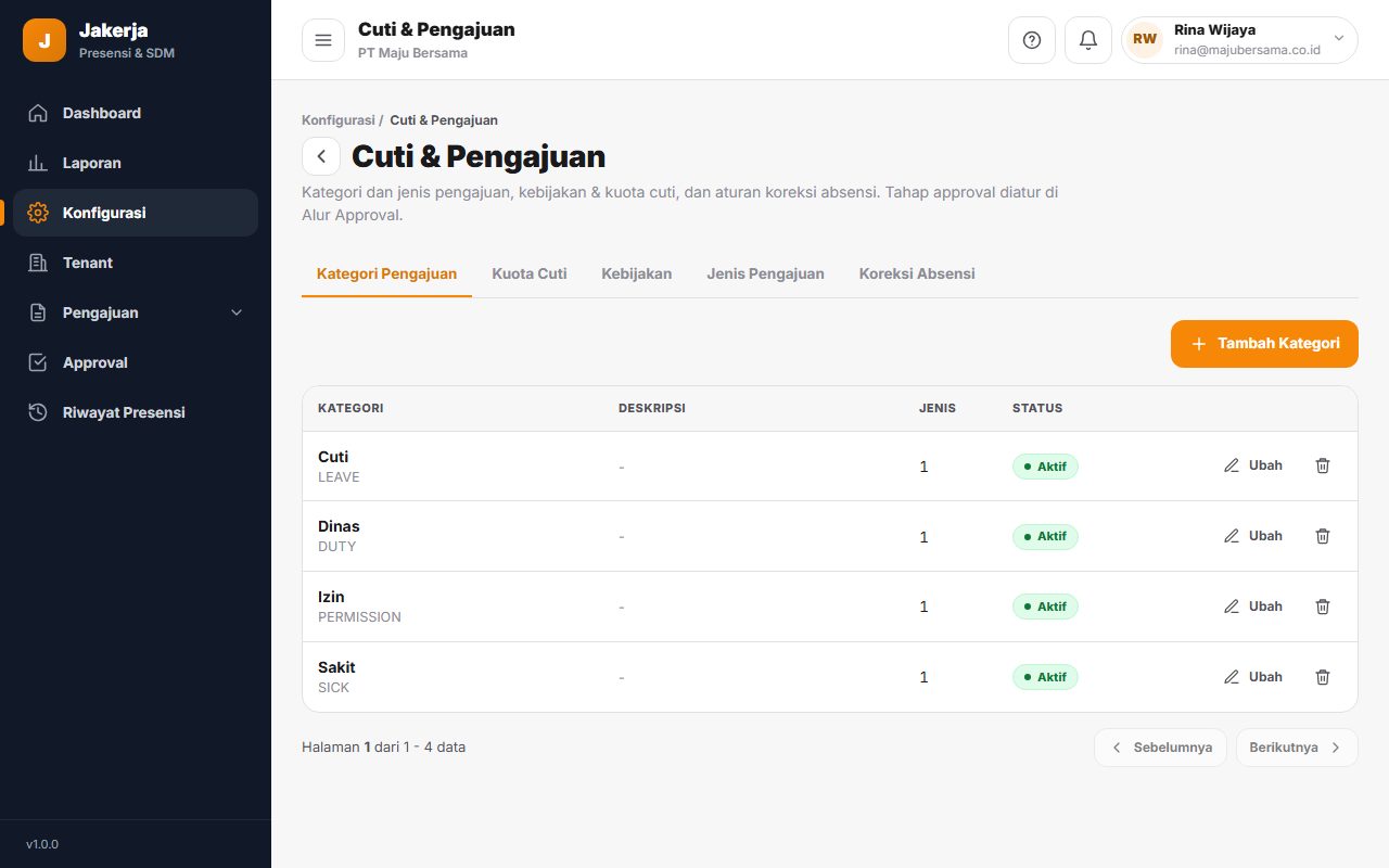Halaman Cuti & Pengajuan berisi jenis pengajuan dan pengaturannya