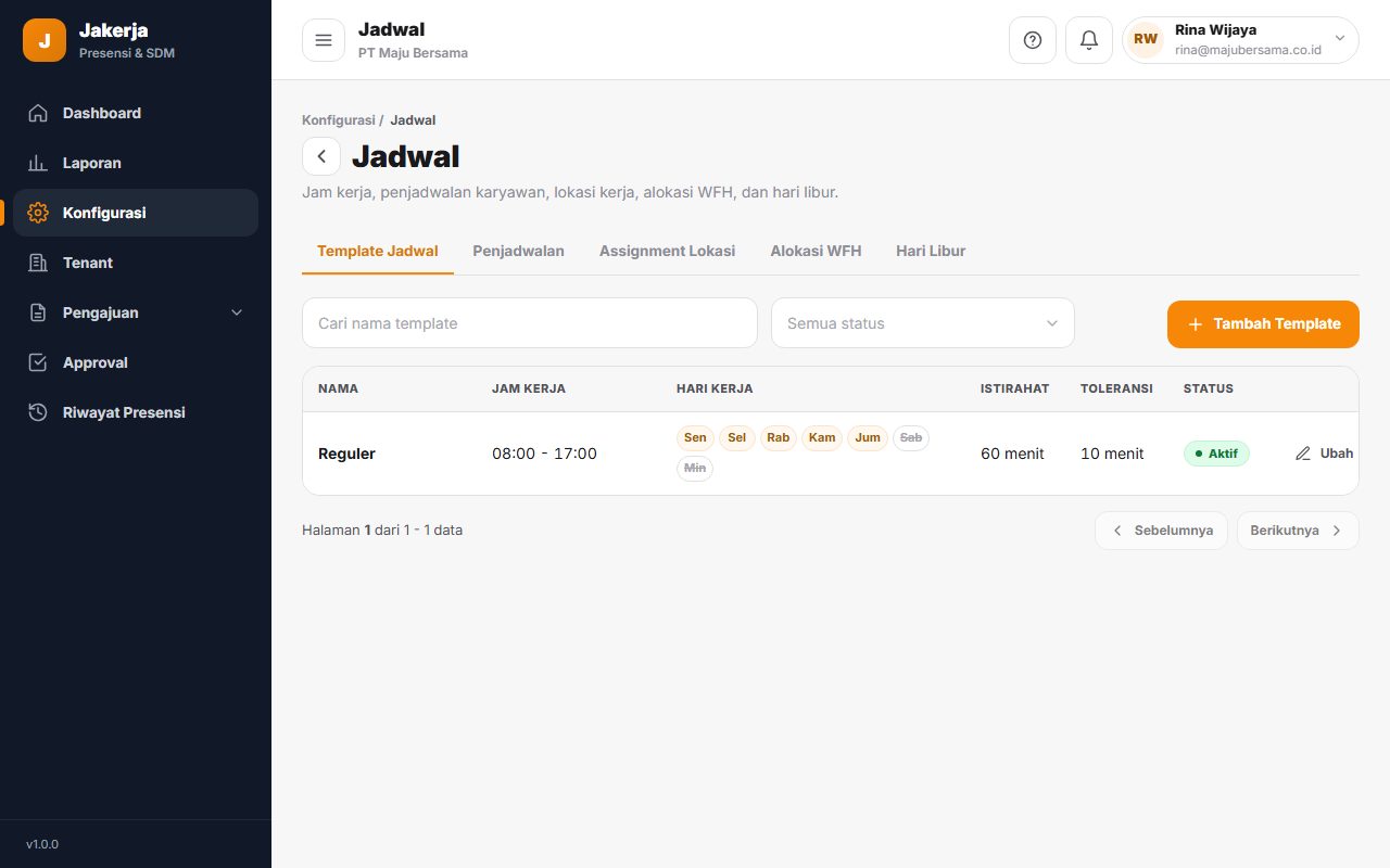 Halaman Jadwal tab Template Jadwal berisi template Reguler 08:00 sampai 17:00