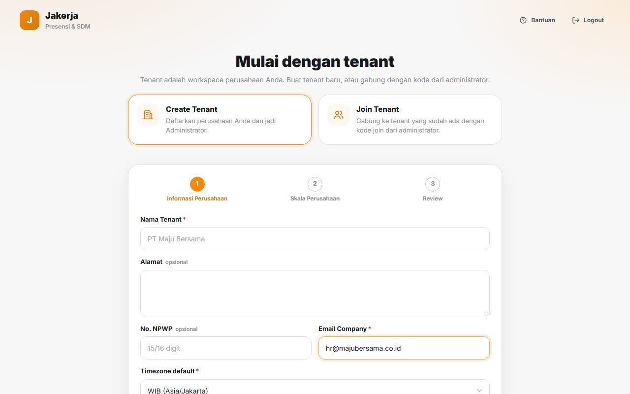 Halaman Mulai dengan tenant dengan pilihan Create Tenant aktif dan form Informasi Perusahaan