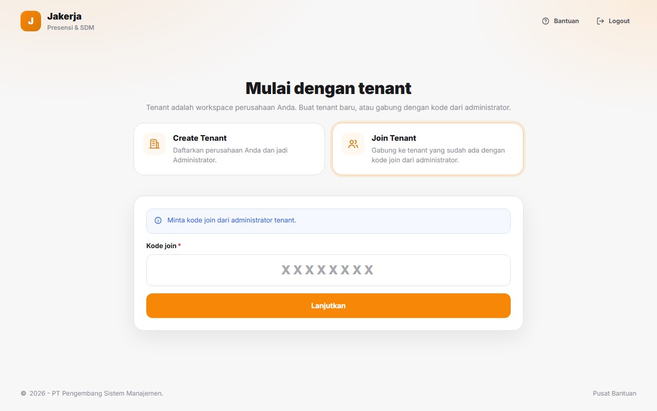 Halaman Mulai dengan tenant dengan pilihan Join Tenant aktif dan kolom Kode join